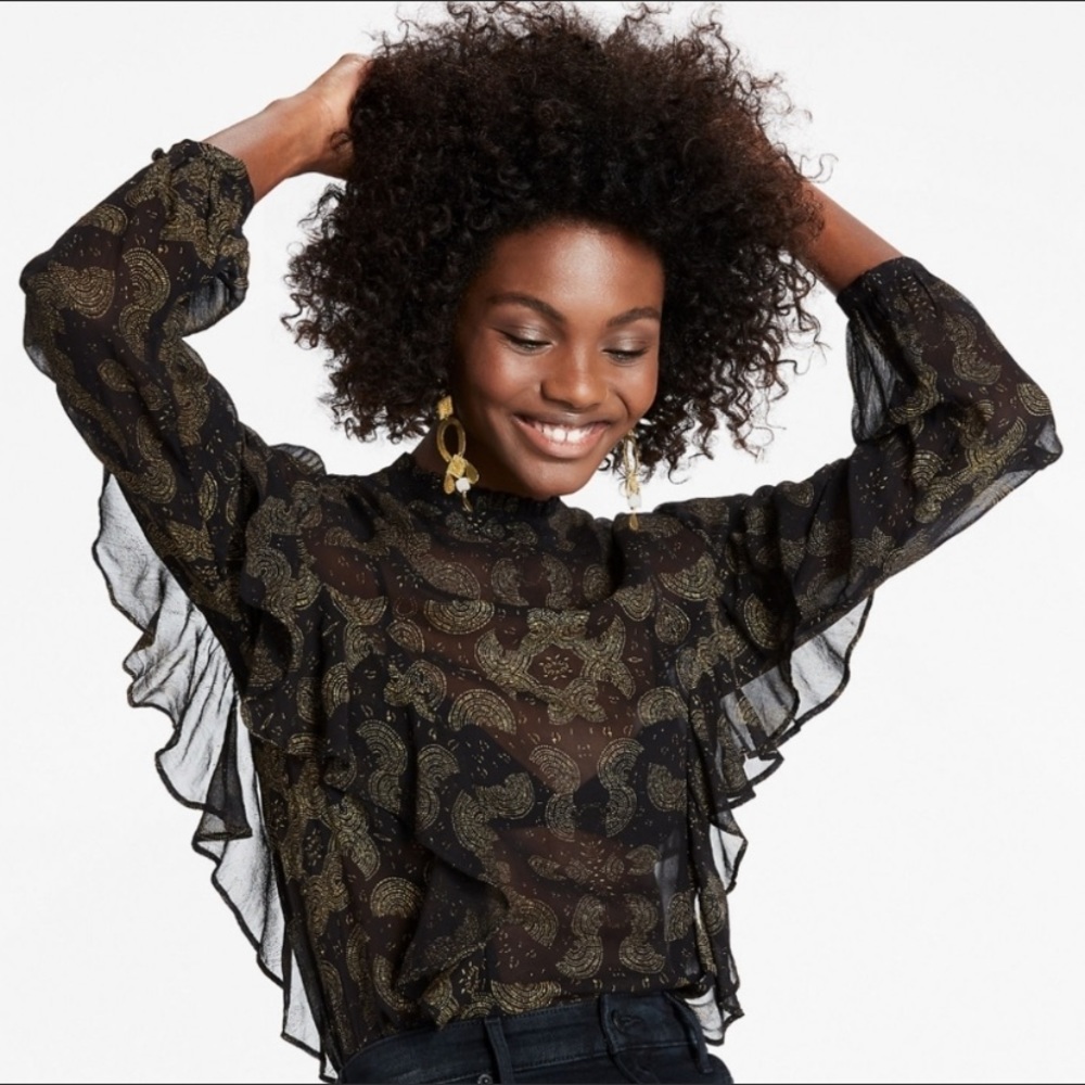Lucky Brand Sheer Print High Neck Ruffle Blouse